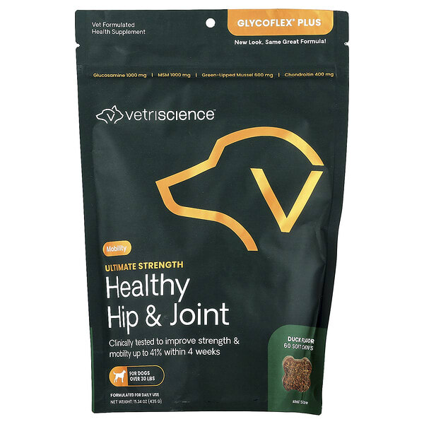 vsc00335_v_2.jpg Healthy Hip & Joint, Ultimate Strength, для собак, утка, 60 жевательных таблеток, 435 г (15,34 унции) — VetriScience