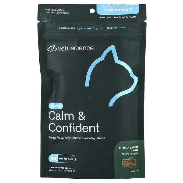 vsc01725_v_10.jpg Composure™, Calm & Confident, для всех кошек, со вкусом курицы и форели, 30 жевательных таблеток, 45 г (1,59 унции) — VetriScience