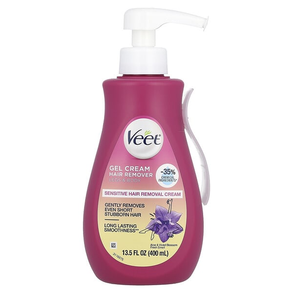 vtt80995_v_11.jpg Veet, гель-крем для депиляции, для чувствительных волос, алоэ и фиалки, свежий запах, 400 мл (13,5 жидк. унции)