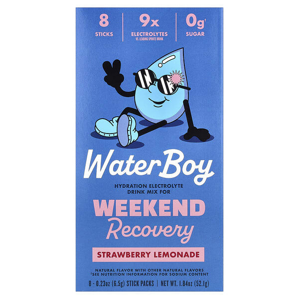 wby43759_v_38.jpg Weekend Recovery, смесь для приготовления напитков с электролитами для гидратации, со вкусом клубничного лимонада, 8 порционных стиков по 6,5 г (0,23 унции) — Waterboy