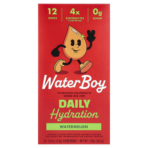wby43769_v_38.jpg Daily Hydration, смесь для приготовления электролитического напитка, арбуз, 12 пакетиков по 3 г (0,11 унции) — Waterboy