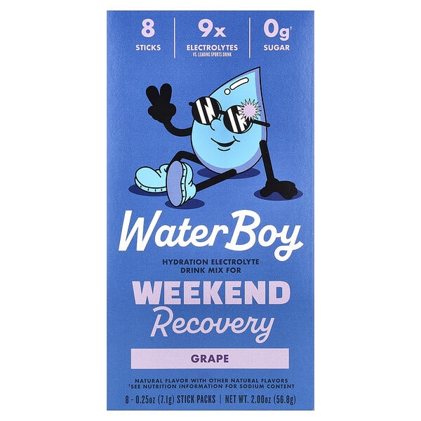 wby43775_v_38.jpg Weekend Recovery, смесь для приготовления напитков с электролитами для гидратации, виноград, 8 пакетиков-стиков по 7,1 г (0,25 унции) — Waterboy