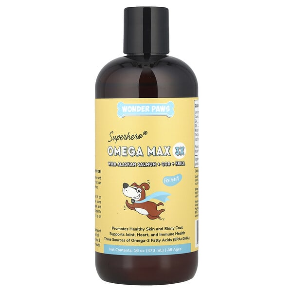 wdp94707_v_32.jpg Wonder Paws, Superhero® Omega Max 3X, рыбий жир, дикий аляскинский лосось, треска и криль, для собак всех возрастов, 473 мл (16 унций)