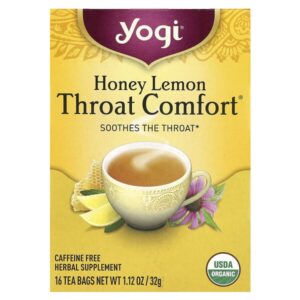 Органический, Throat Comfort, со вкусом меда и лимона, без кофеина, 16 чайных пакетиков, 1.12 унций (32 г) — Yogi Tea