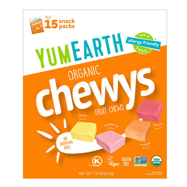 yue01712_v_21.jpg Organic Chewys™, фруктовые жевательные таблетки, 15 упаковок по 14 г (0,5 унции) — YumEarth