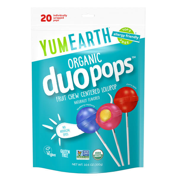 yue01716_v_6.jpg Organic Duopops™, разнообразие, 20 леденцов, 300 г (10,6 унции) — YumEarth