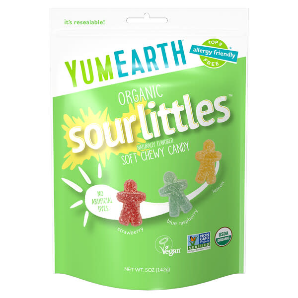yue01722_v_10.jpg Organic Sour Littles, мягкие жевательные конфеты, клубника, голубая малина, лимон, 142 г (5 унций) — YumEarth