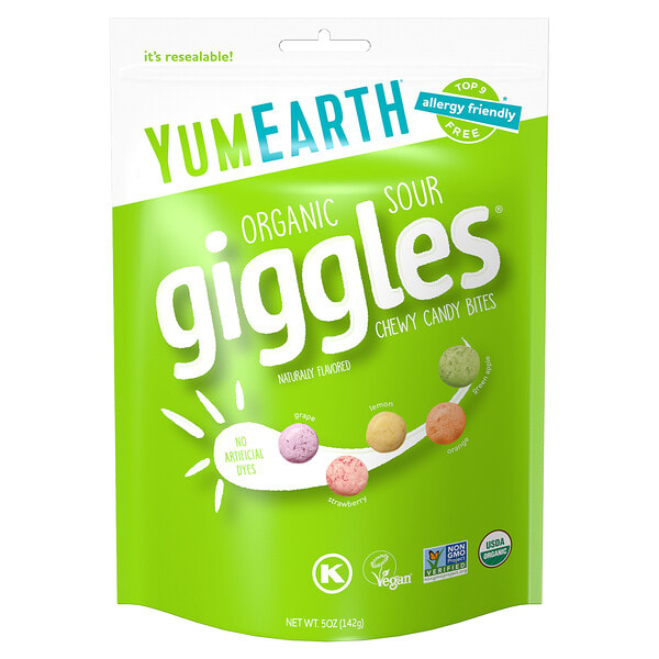 yue01941_v_14.jpg Organic Giggles®, жевательные конфеты, вкус кислых ингредиентов, 142 г (5 унций) — YumEarth
