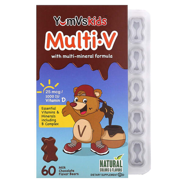 yuv00155_v_62.jpg Multi V, мультиминеральная формула для детей, молочный шоколад, 60 мишек — YumVs