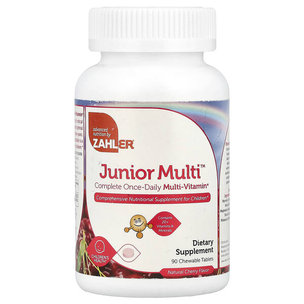 zah08047_v_45.jpg Junior Multi™, мультивитаминный комплекс для приёма 1 раз в день, натуральный вишнёвый вкус, 90 жевательных таблеток — Zahler
