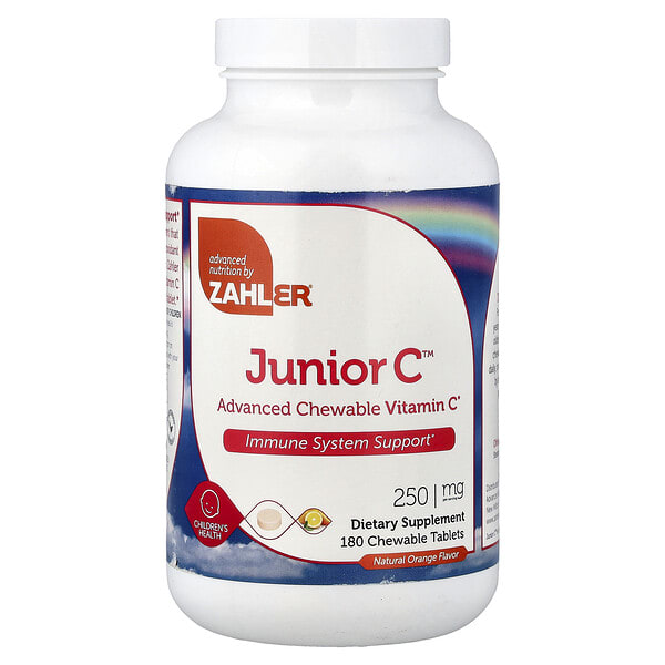 zah08113_v_34.jpg Junior C™, улучшенная формула жевательного витамина C, с натуральным апельсиновым вкусом, 250 мг, 180 жевательных таблеток — Zahler