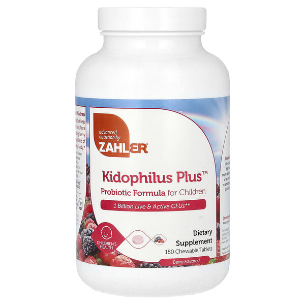 zah08119_v_14.jpg Kidophilus Plus, пробиотик для детей, с ягодным вкусом, 1 млрд КОЕ, 180 жевательных таблеток — Zahler