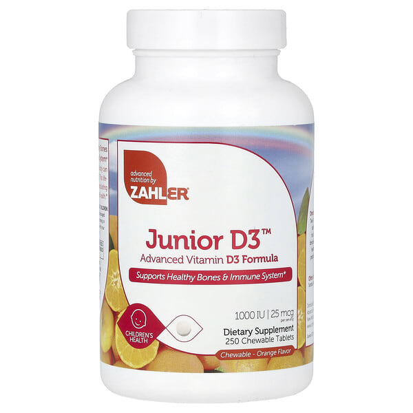 zah08222_v_8.jpg Junior D3, улучшенная формула витамина D3, апельсин, 25 мкг (1000 МЕ), 250 жевательных таблеток — Zahler