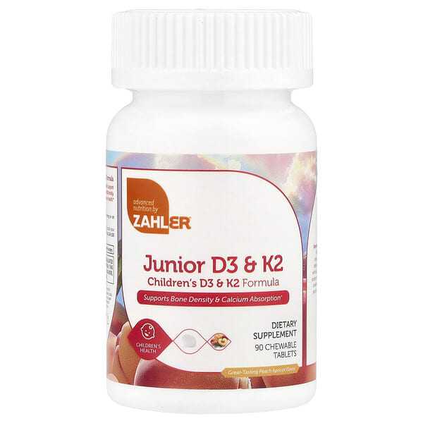 zah08228_v_24.jpg витамины D3 и K2 для детей, со вкусом персика и абрикоса, 90 жевательных таблеток — Zahler