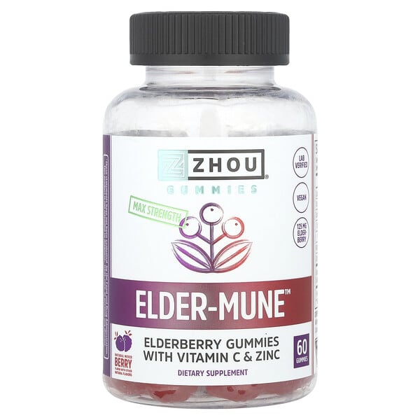 zho80540_v_44.jpg Elder-Mune™, максимальная крепость, натуральное ягодное ассорти, 60 жевательных мармеладок — Zhou Nutrition
