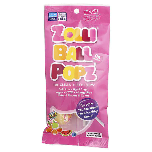 zlp73316_v_10.jpg Zolli Ball Popz, леденцы для зубов, со вкусом вкусных фруктов, прибл. 4 леденца, 50 мл (1,7 унции) — Zollipops