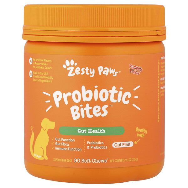ztp00708_v_94.jpg Probiotic Bites™, для собак, для всех возрастов, тыква, 90 жевательных таблеток, 315 г (11,1 унции) — Zesty Paws