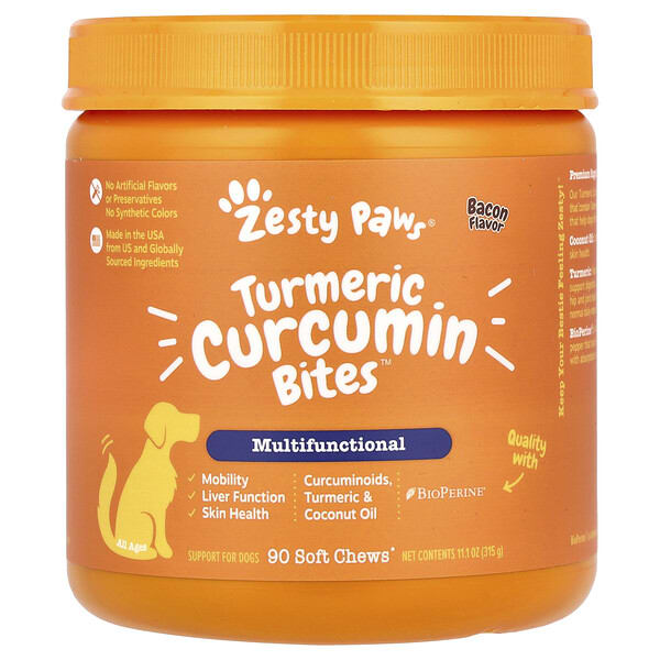 ztp00829_v_48.jpg Turmeric Curcumin Bites, добавка для собак, со вкусом бекона, 90 мягких жевательных таблеток — Zesty Paws