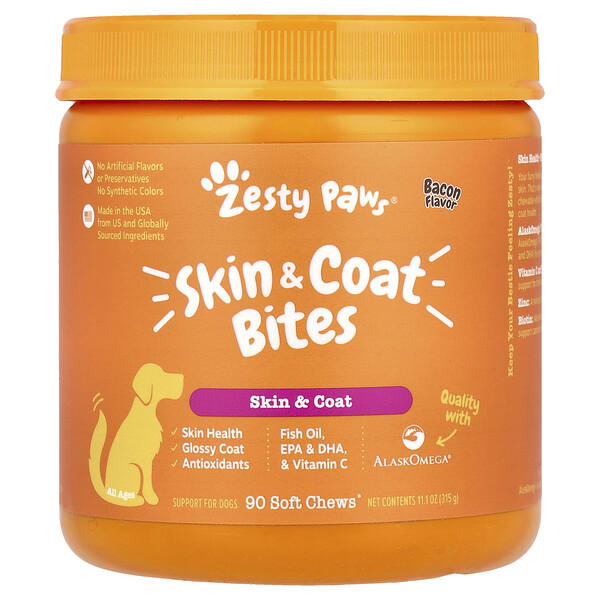 ztp00830_v_72.jpg Skin &coat Bites, для собак всех возрастов, со вкусом бекона, 90 жевательных таблеток, 315 г (11,1 унции) — Zesty Paws