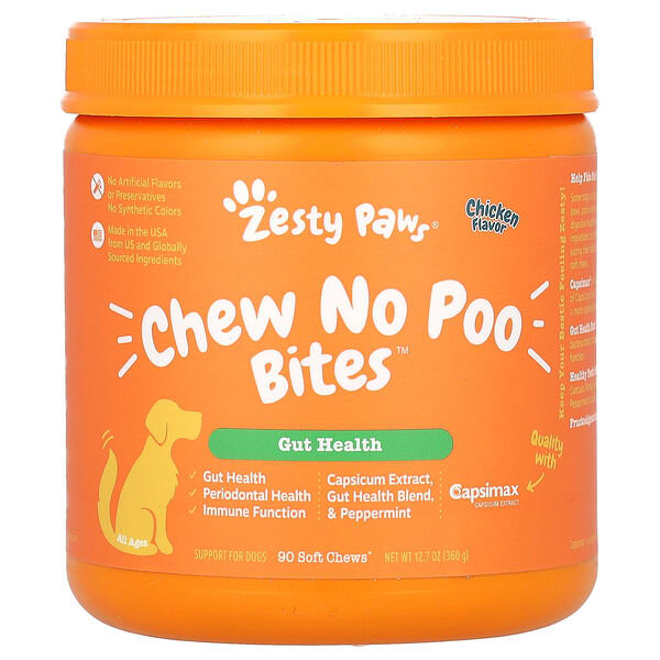 ztp59074_v_8.jpg Chew No Poo Bites, добавка для здоровья кишечника, для собак, со вкусом курицы, 90 жевательных таблеток, 360 г (12,7 унции) — Zesty Paws