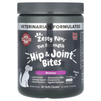 Vet Strength Hip & Joint Bites, для собак, для всех возрастов, говядина и бекон, 90 жевательных таблеток, 360 г (12,6 унции) — Zesty Paws