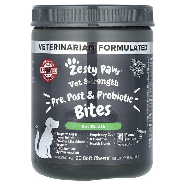 ztp59220_v_8.jpg Vet Strength, после укусов с пробиотиками, для собак всех возрастов, со вкусом курицы и овощей, 90 мягких жевательных таблеток, 360 г (12,6 унции) — Zesty Paws