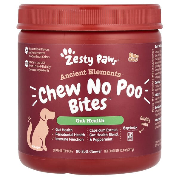 ztp59346_v_8.jpg Ancient Elements®, Chew No Poo Bites™, для собак, для всех возрастов, бизон, 90 жевательных таблеток, 297 г (10,4 унции) — Zesty Paws