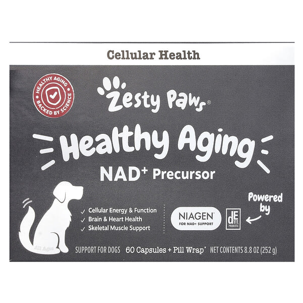 ztp59389_v_18.jpg Healthy Aging, NAD + прекурсор, для собак, 60 капсул и упаковка для таблеток, 252 г (8,8 унции) — Zesty Paws