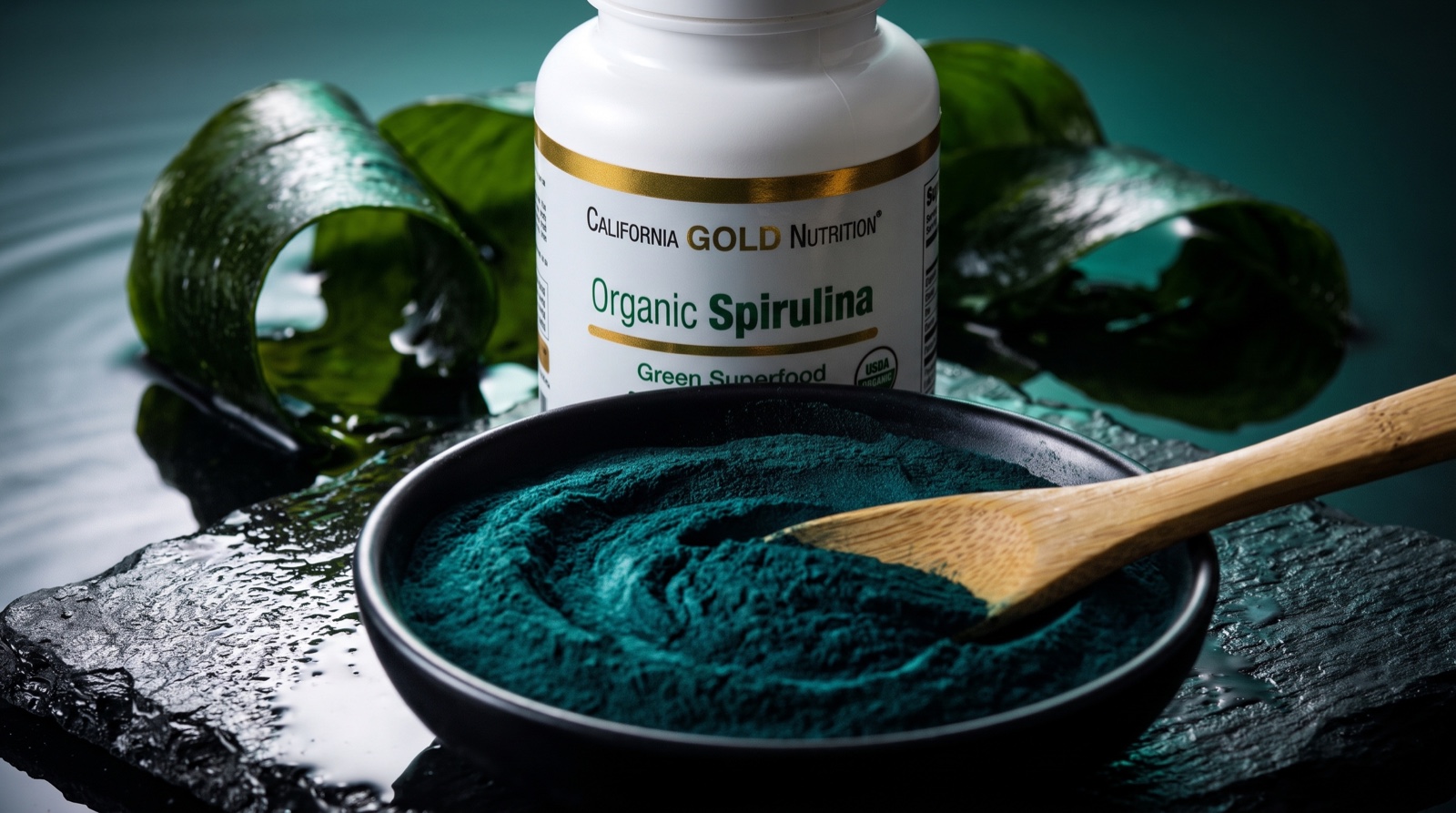 Органическая спирулина California Gold Nutrition, миска тёмно-зелёного порошка на вулканическом камне