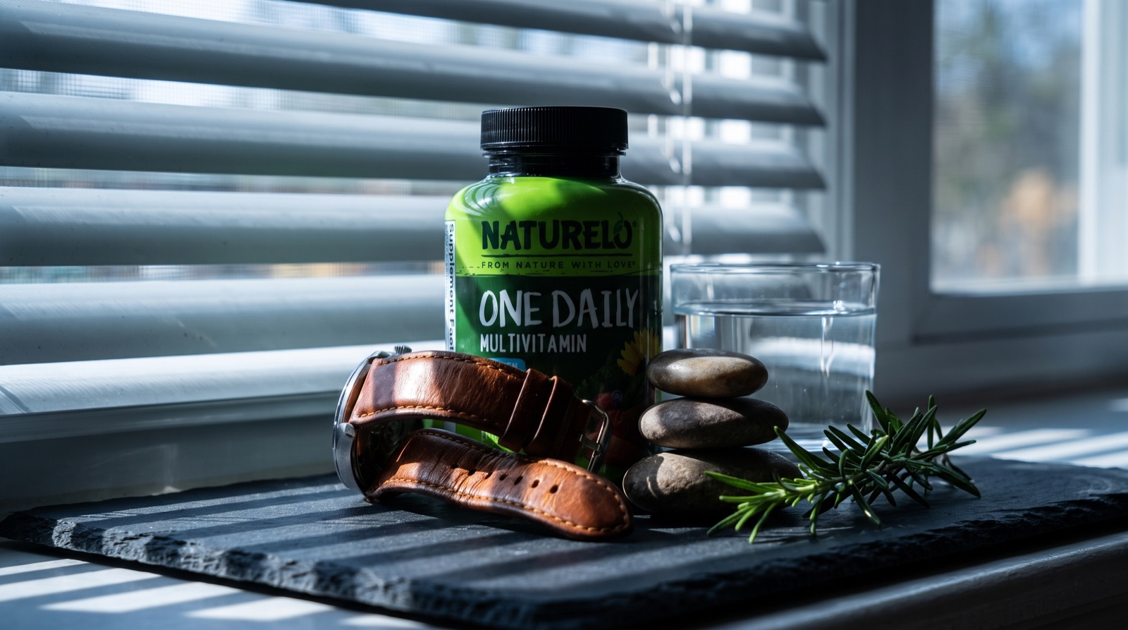 Мультивитамины NATURELO на сланце у окна с жалюзи, кожаный ремешок и розмарин
