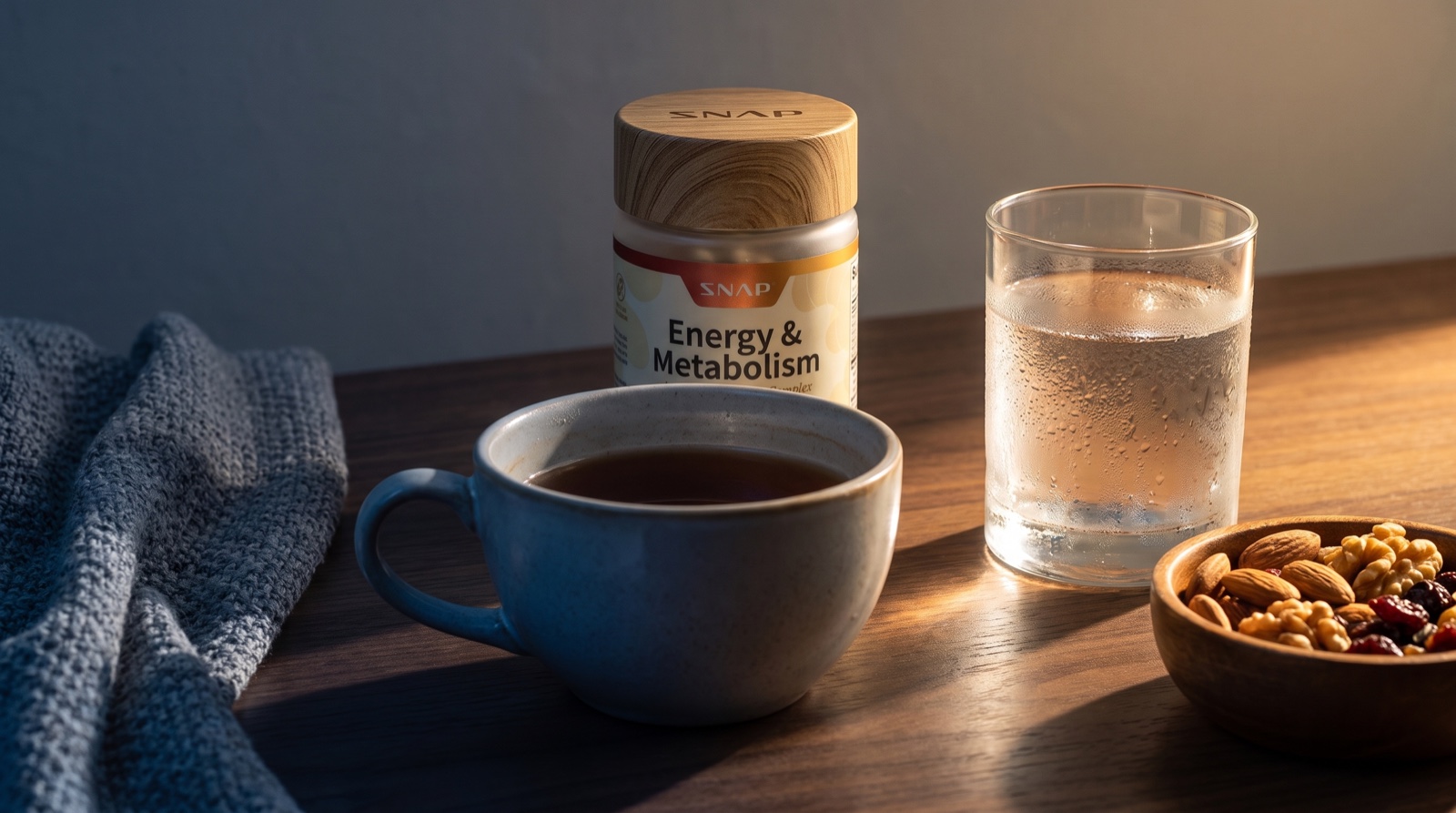Energy & Metabolism Snap Supplements: остывший чай в тени и свежая вода в луче света