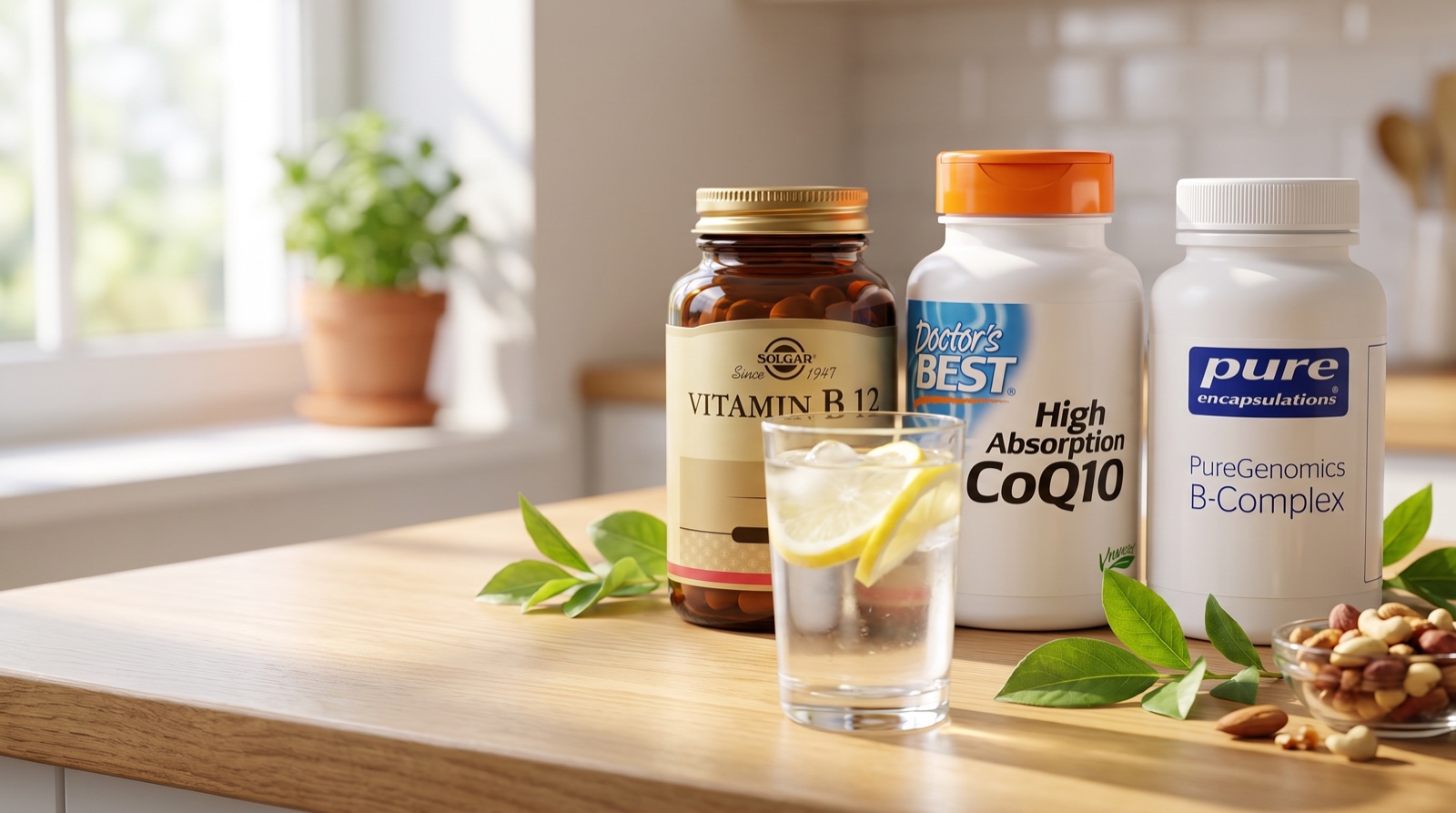 Витамин B12 Solgar, коэнзим Q10 Doctor’s Best и B-комплекс Pure Encapsulations на солнечном кухонном столе