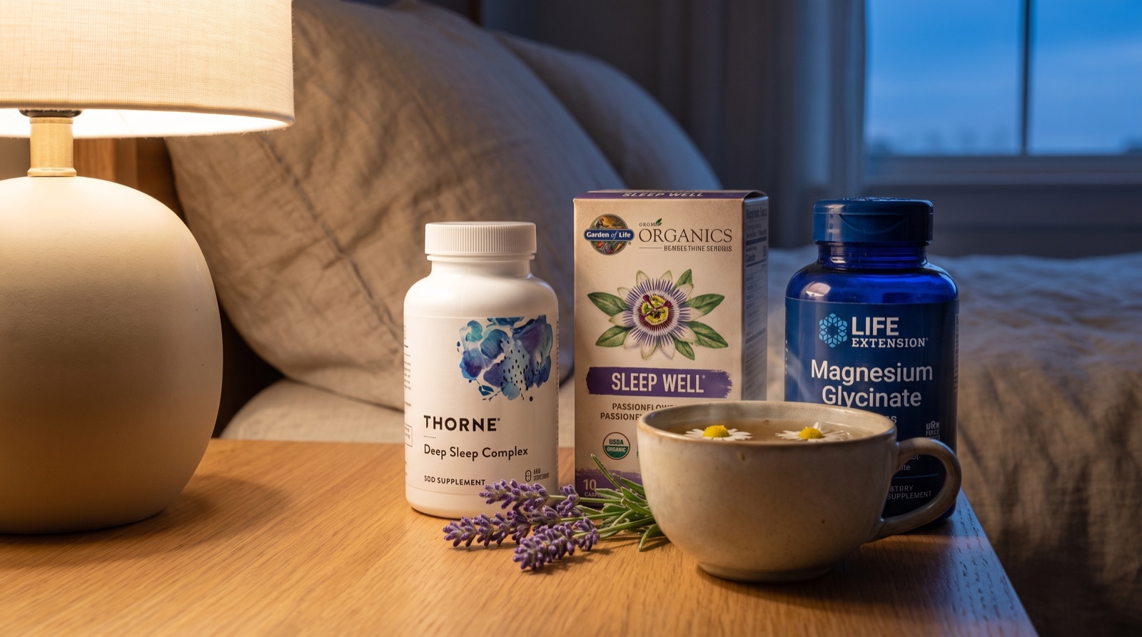 Thorne Deep Sleep Complex, Garden of Life Sleep Well и глицинат магния Life Extension на прикроватной тумбочке с ромашковым чаем