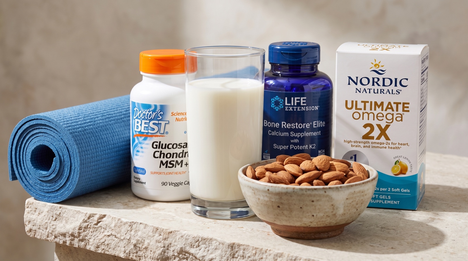 Глюкозамин и хондроитин Doctor’s Best, Bone Restore Life Extension и омега-3 Nordic Naturals рядом с ковриком для йоги