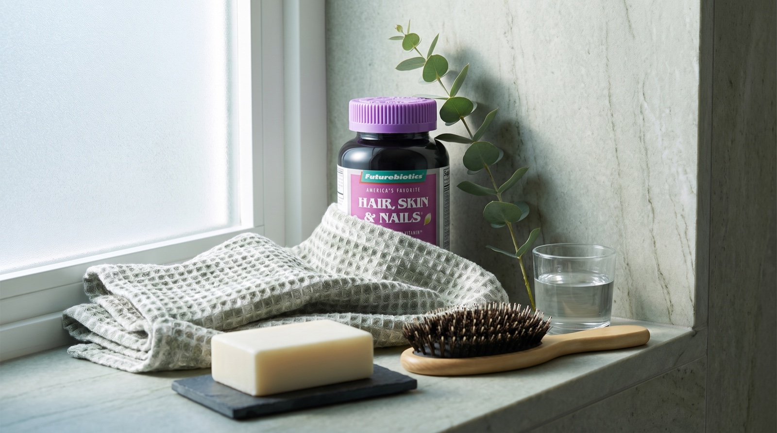Hair, Skin & Nails Futurebiotics на каменной полке с полотенцем, мылом и щёткой