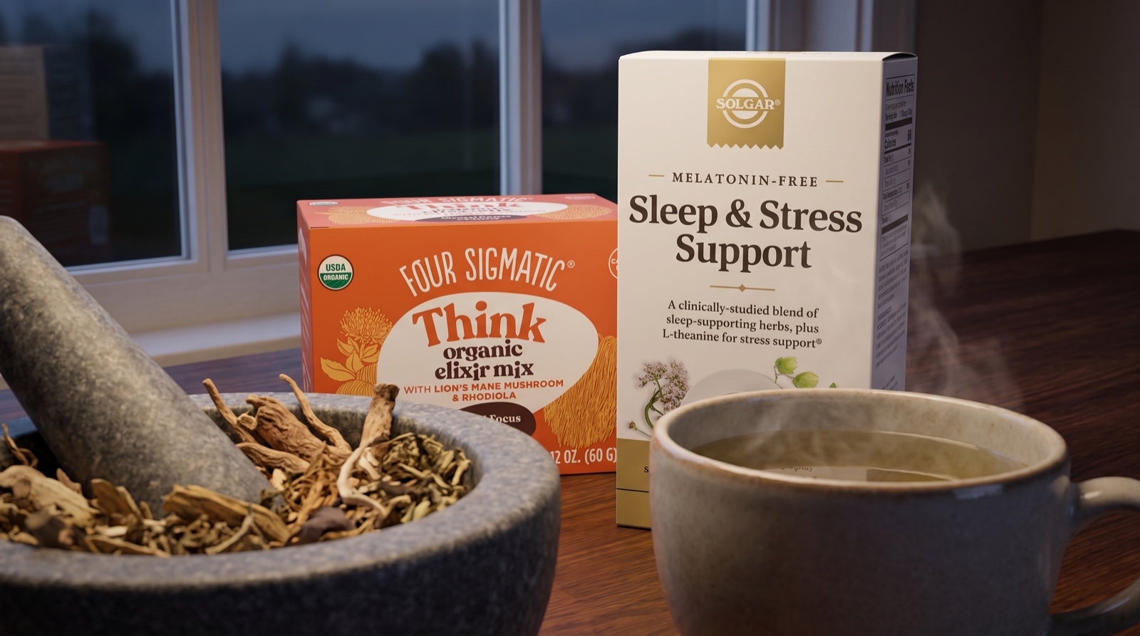 Sleep & Stress Support Solgar и Think Four Sigmatic рядом со ступкой с травами и чашкой травяного чая