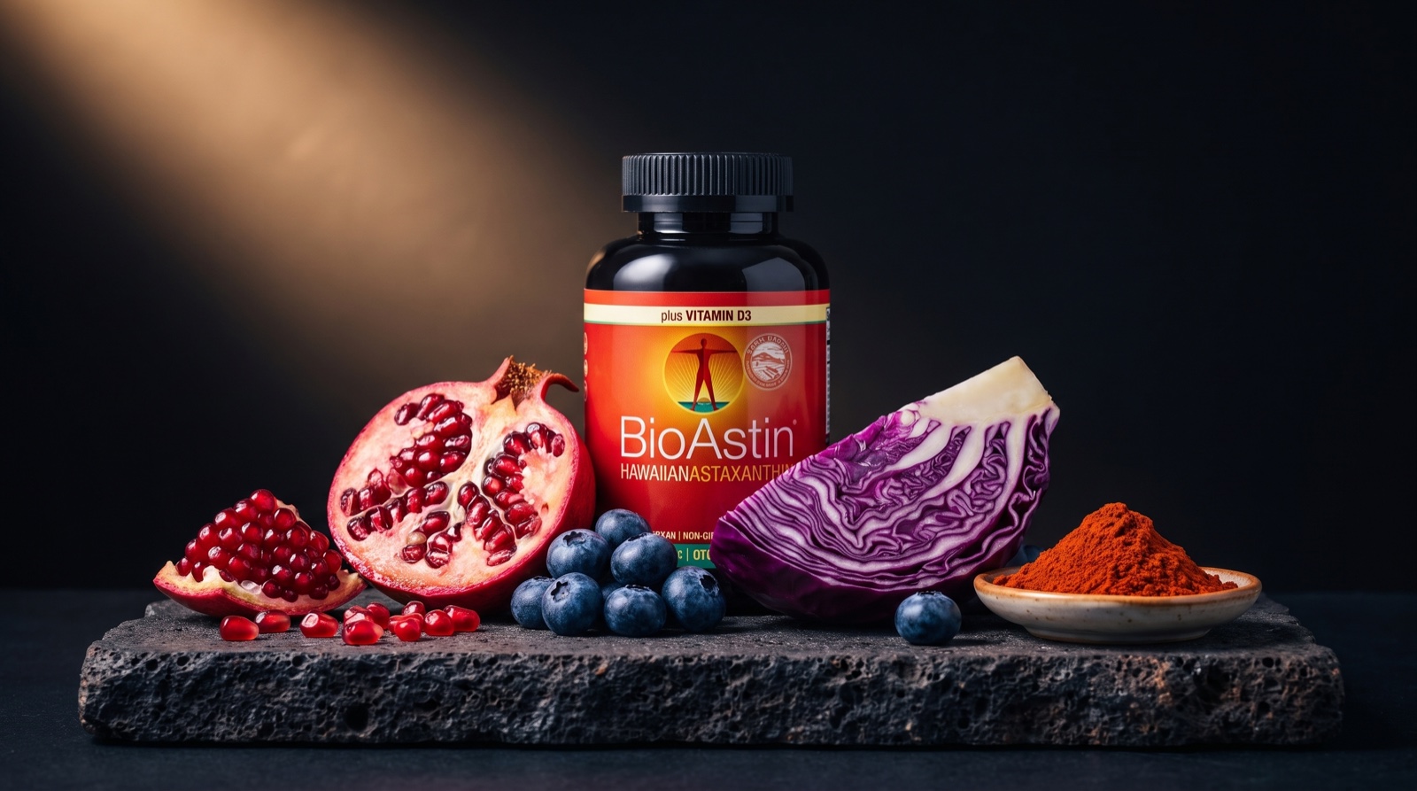 BioAstin Nutrex Hawaii с гранатом, черникой и краснокочанной капустой на камне