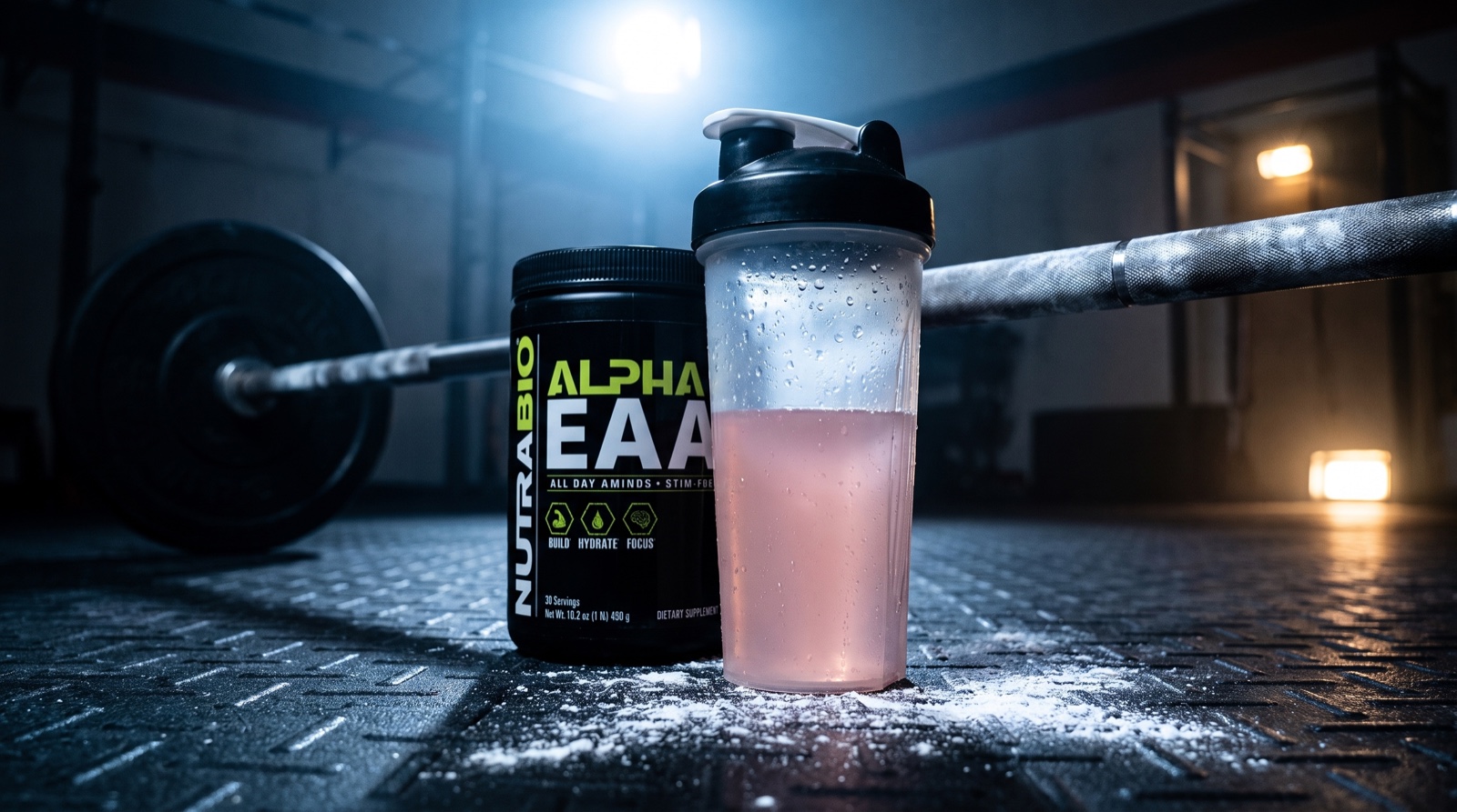 Alpha EAA NutraBio и шейкер у штанги в тёмном зале