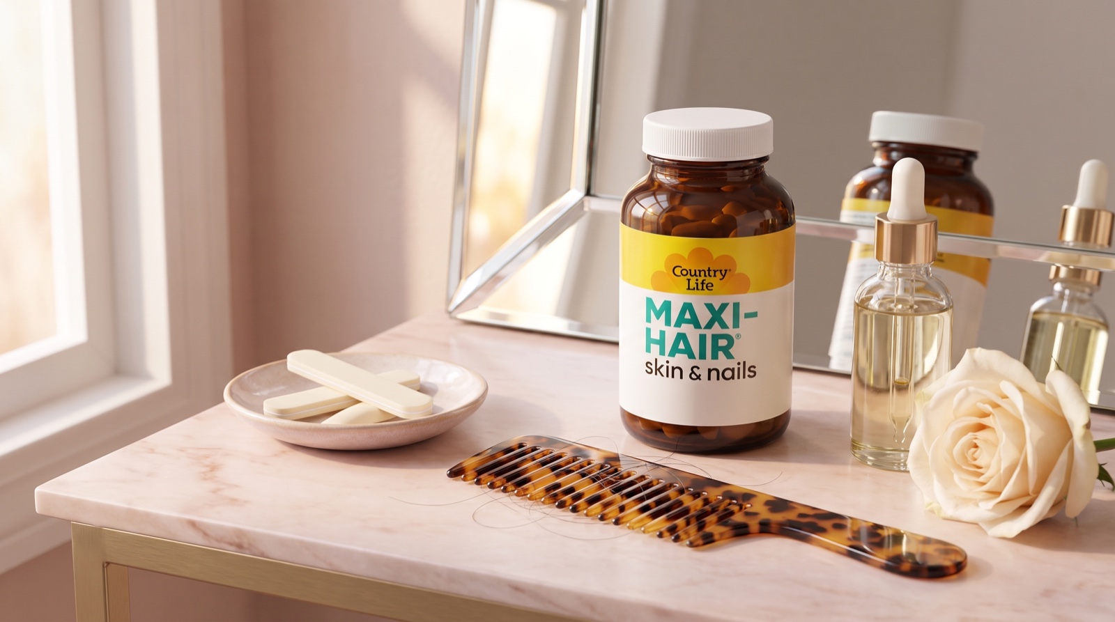 Maxi-Hair Country Life на розовом мраморе с гребнем, пилочками и сывороткой
