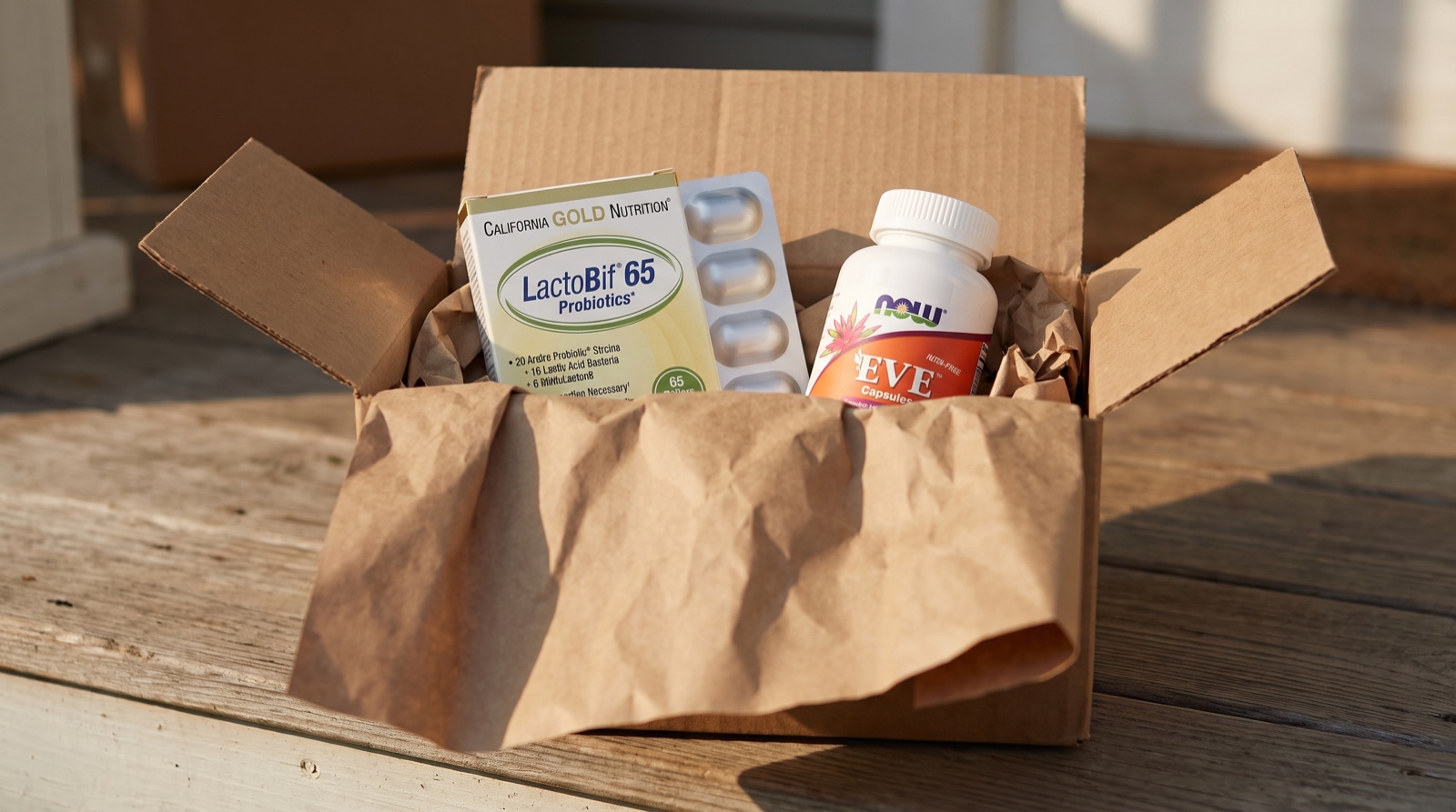 Открытая посылка с LactoBif 65 California Gold Nutrition и Eve NOW Foods на крыльце