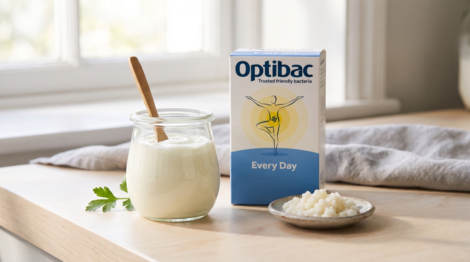 Ежедневный пробиотик Optibac на берёзовой столешнице рядом с йогуртом и зёрнами кефира