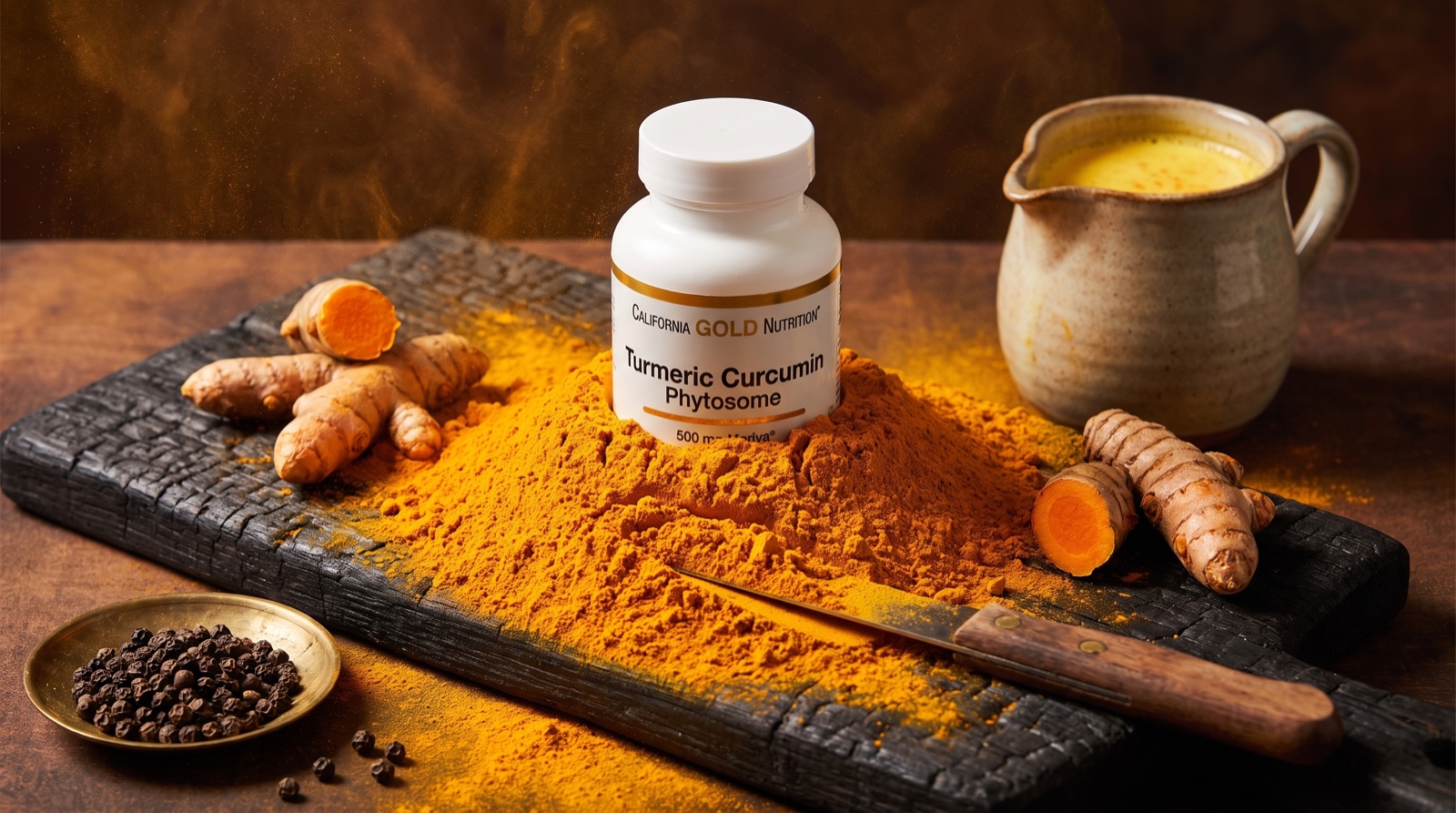 Куркумин California Gold Nutrition, горка куркумы и чёрный перец на обожжённой доске