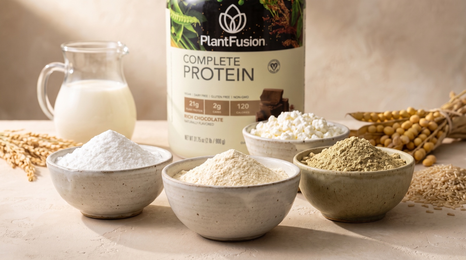 Растительный протеин PlantFusion и четыре миски с разными видами белка
