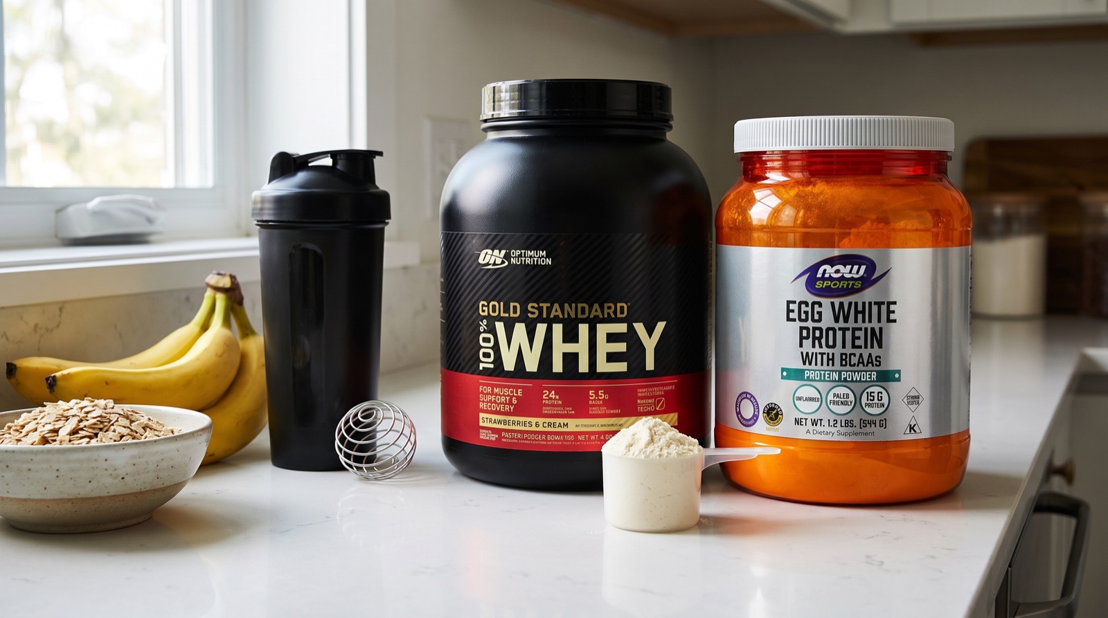 Сывороточный протеин Optimum Nutrition Gold Standard и яичный протеин NOW Sports на кухне с бананами и овсянкой