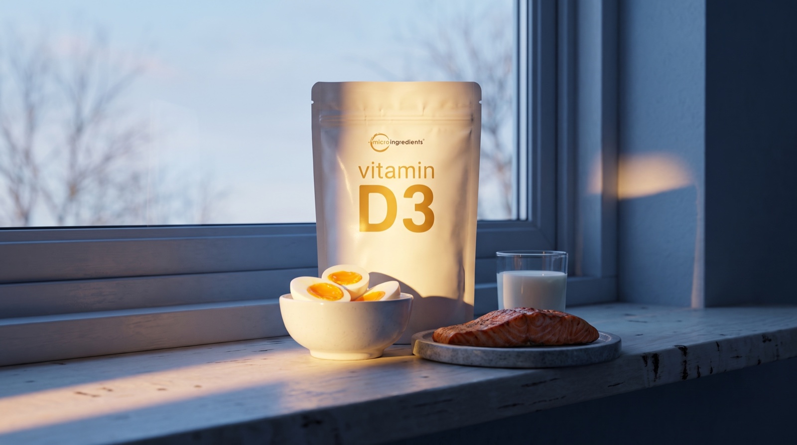 Витамин D3 Micro Ingredients в зимнем луче солнца на подоконнике с яйцами и лососем