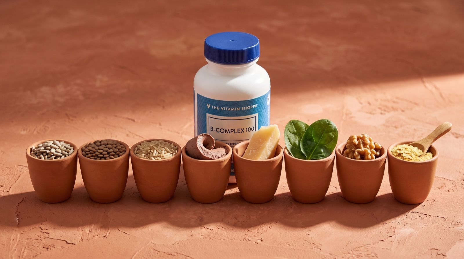 B-комплекс The Vitamin Shoppe и восемь глиняных чашек с источниками витаминов группы B