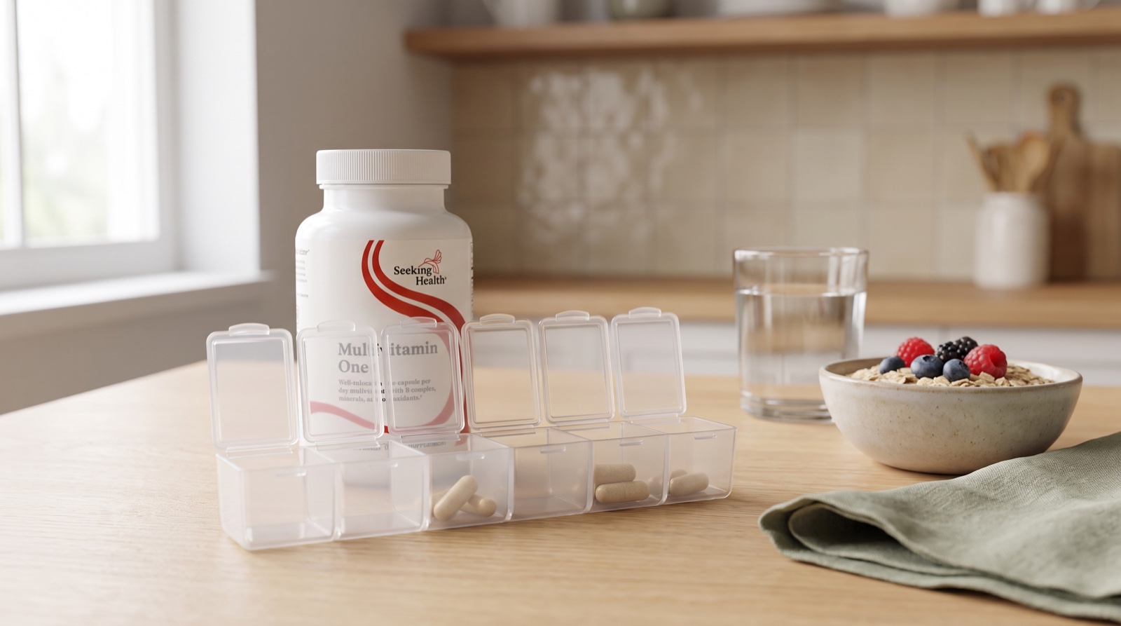 Multivitamin One Seeking Health и таблетница с пустыми крышками на кухонном столе