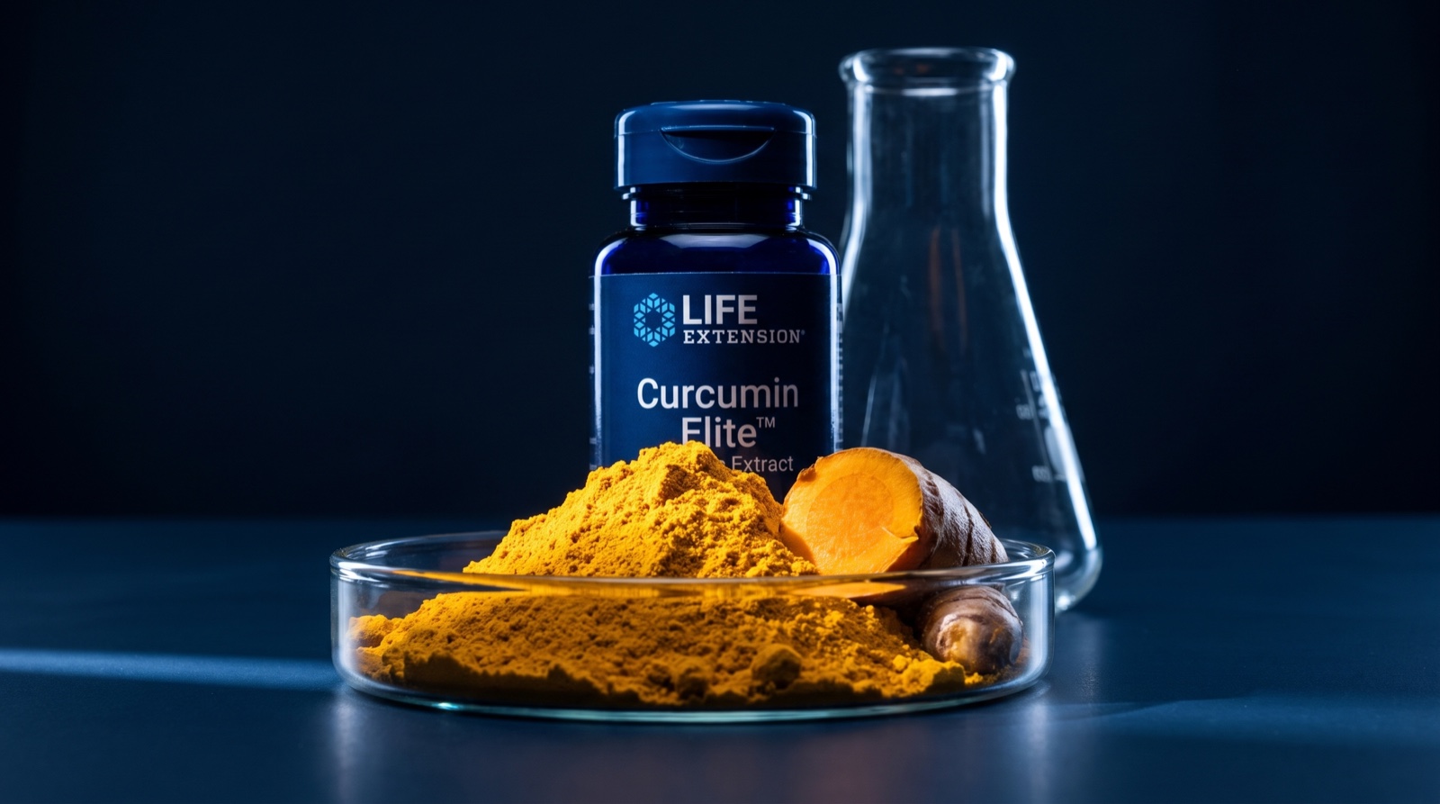 Curcumin Elite Life Extension на лабораторном столе с куркумой в чашке Петри