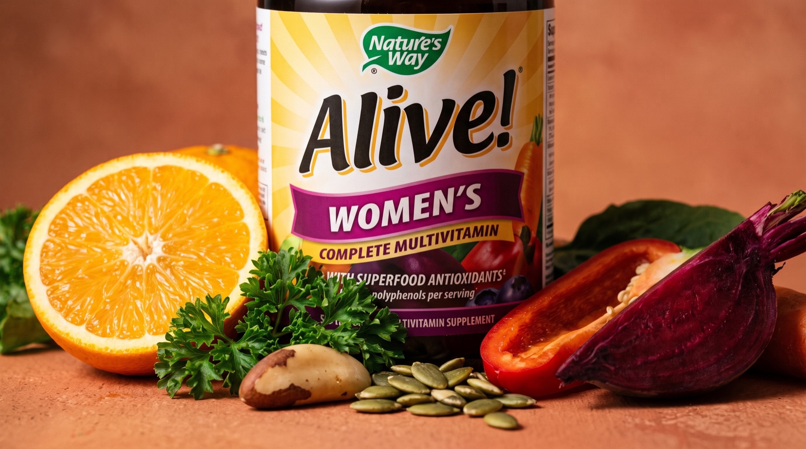 Мультивитаминный комплекс Alive! Nature Way в окружении овощей и фруктов