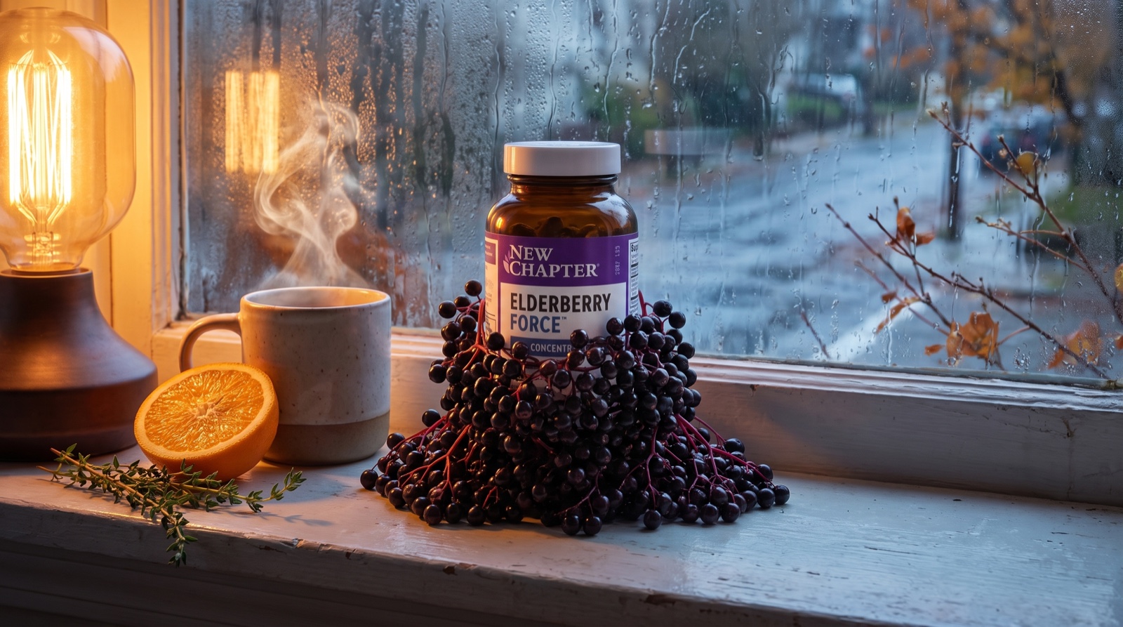 Elderberry Force New Chapter на подоконнике с бузиной, апельсином и горячей кружкой